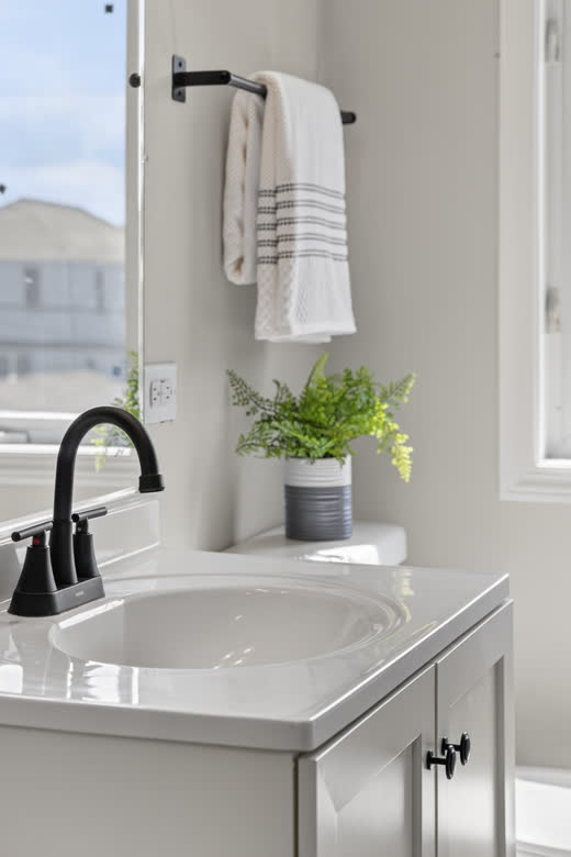 Updated bathroom vanity with matte black faucet and gray cabinet at 9205 S Utica Ave